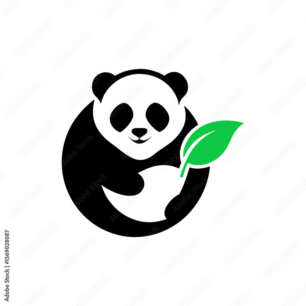 Fototapeta premium Minimalist panda holding leaf logo in cute rounded form for natural branding concept