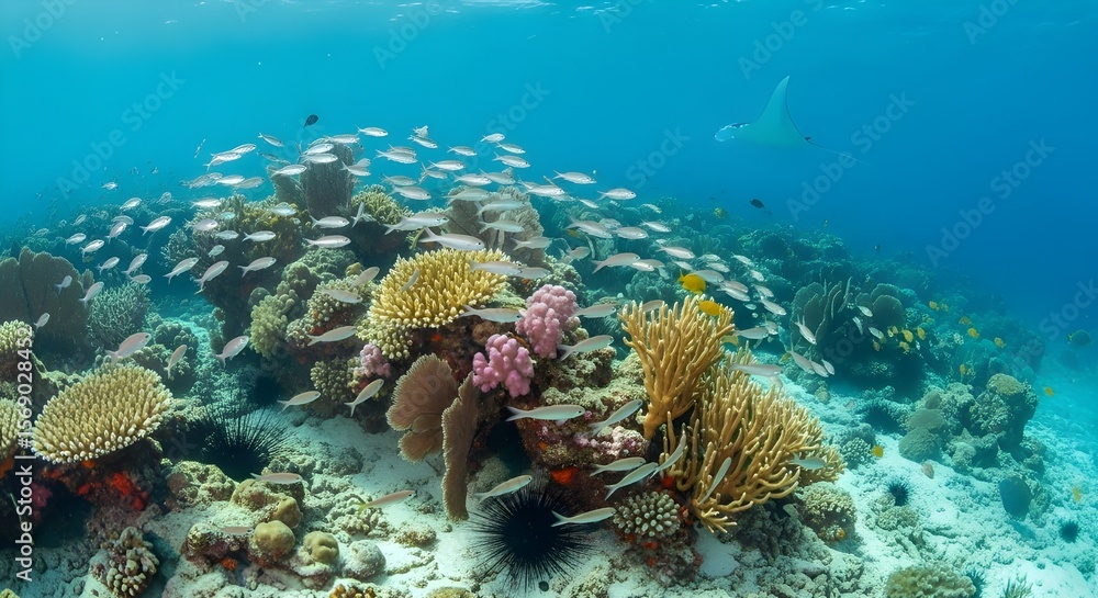 Naklejka premium Vibrant coral reef teeming with small fish in a clear, shallow ocean.