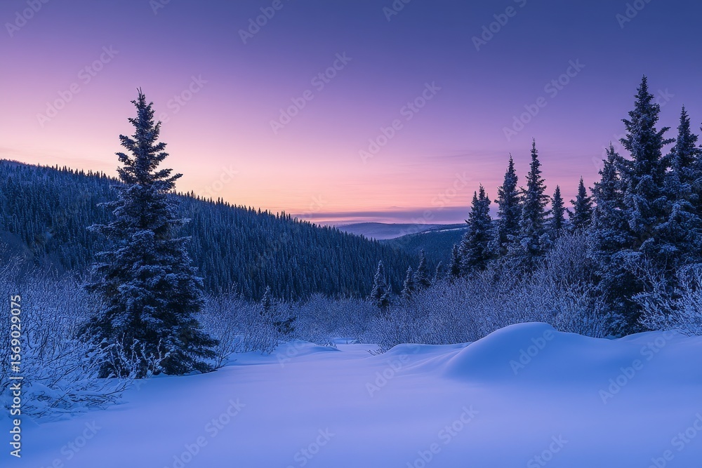 Snow-covered pine trees with purple and pink sky in mountainous landscape Snow-covered pine trees with purple and pink sky in mountainous landscape