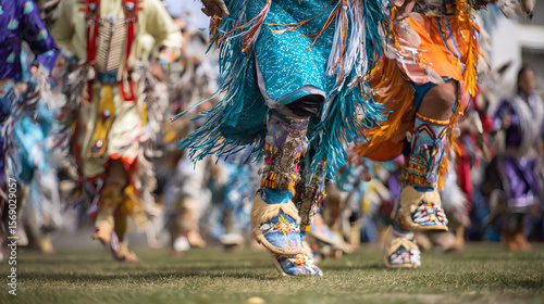 A group of young Pow Wow people dance with great enthusiasm wearing traditional clothes with tassels and foot bells that ring with every movement. AI generated images.
