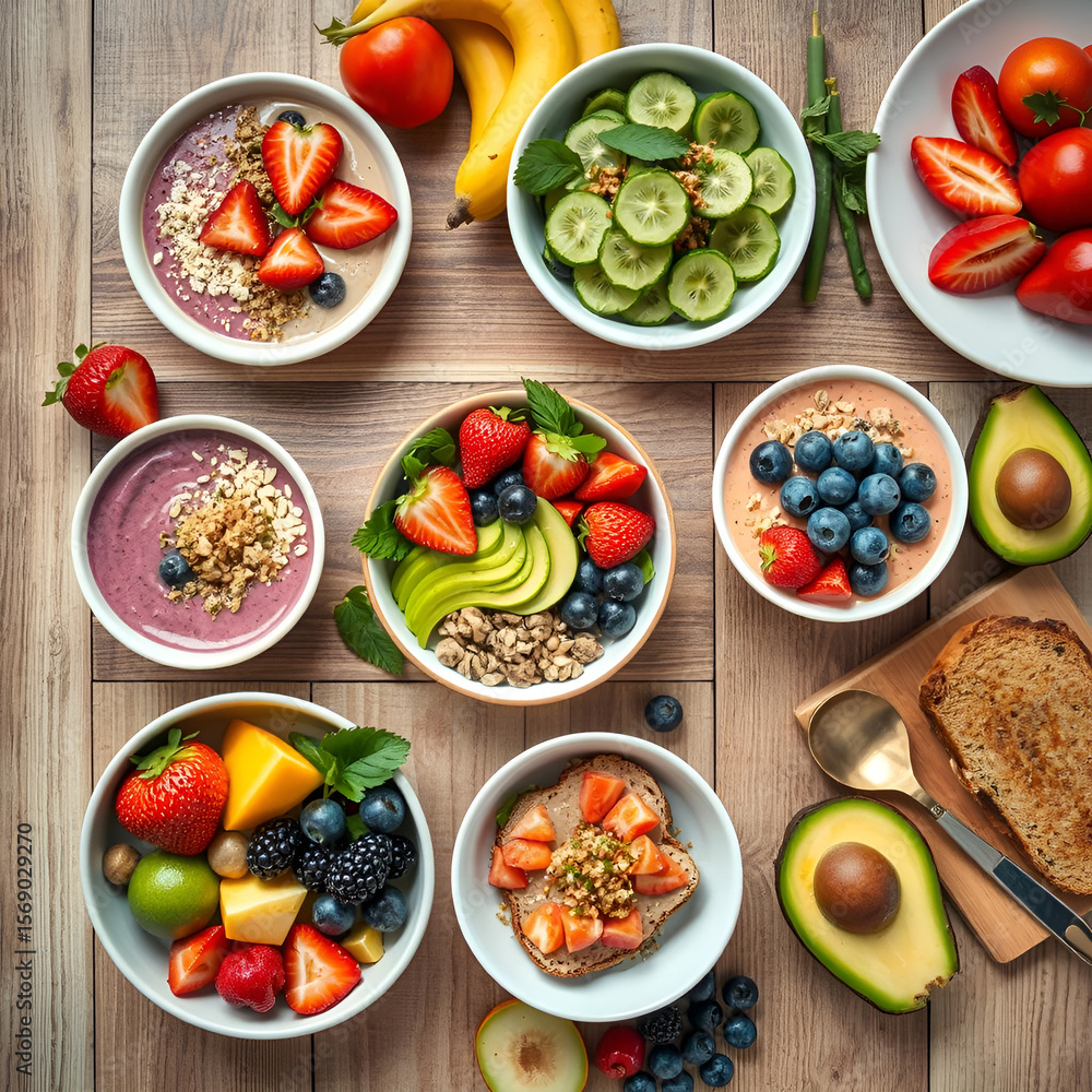 Healthy Food Flat Lay with Smoothie Bowls and Fresh Ingredients Healthy Food Flat Lay with Smoothie Bowls and Fresh Ingredients