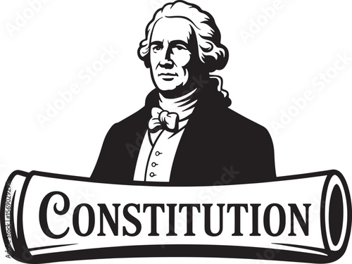 Founding father with constitution scroll silhouette image representing law history and government concept