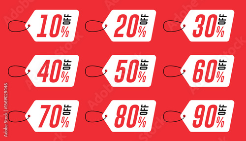 Promotion hold tag. Special offer discount on red tags shapes with different value percent off 90, 80, 70, 60,  50, 40,  30, 20, and 10%.