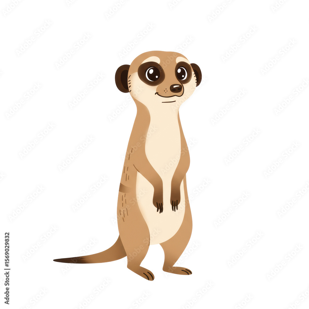 Fototapeta premium Friendly cartoon meerkat character standing upright, mirrored pose, isolated on white background, ideal for educational or animated use