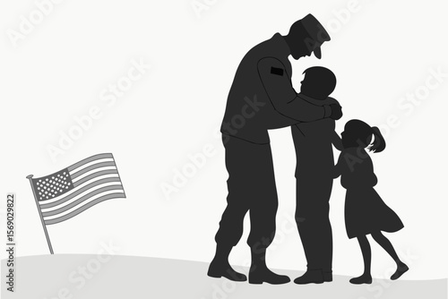 Konstfotografi Military Father Returning Home to Children with American Flag in Silhouette Styl