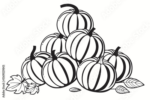 Pile of Pumpkins with Leaves in Black and White Silhouette Style Illustration pile pumpkins leaves shown