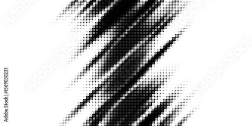 Black and white halftone background. Abstract illustration of round particles. The dots form shapeless images.