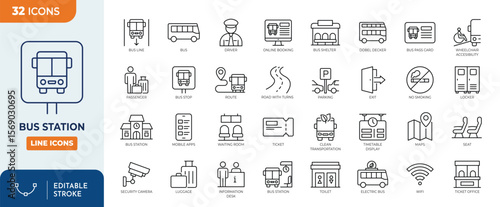 Bus station line editable icon set. Containing bus, bus station, bus shelter, route, bus line, and more.  Editable stroke. Vector illustration