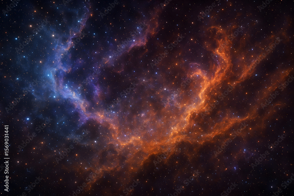 A colorful cosmic nebula swirls with blue and orange gas and dust, surrounded by countless bright stars against the dark expanse of space A colorful cosmic nebula swirls with blue and orange gas and dust, surrounded by countless bright stars against the dark expanse of space