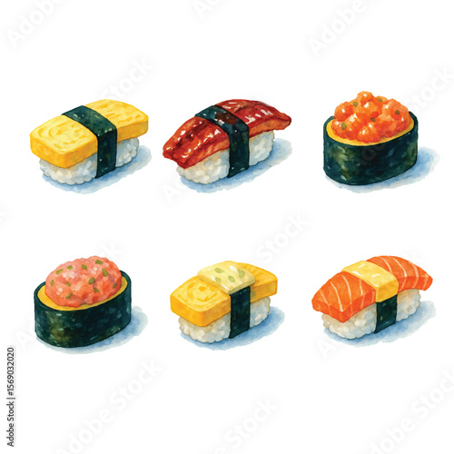 Watercolor Sushi Set Vol. 1—Tamago, Unagi, Salmon, and Tuna. Vector Illustration. Design Element. Clip art. Suitable for artwork design.