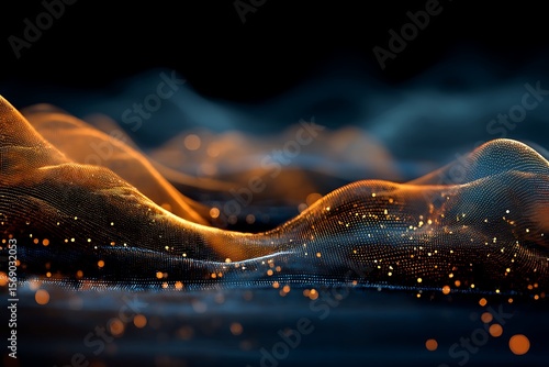 Abstract Dark Background with Golden Waves and Glowing Particles