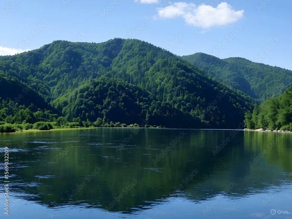 Majestic Mountain Lake Landscape - Serene Nature Scene with Lush Greenery Majestic Mountain Lake Landscape - Serene Nature Scene with Lush Greenery