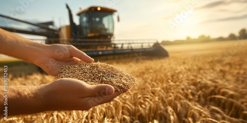 Farmer holding harvested wheat in field with harvester in background