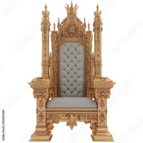 Ornate golden royal throne with tufted white upholstery isolated on transparent background