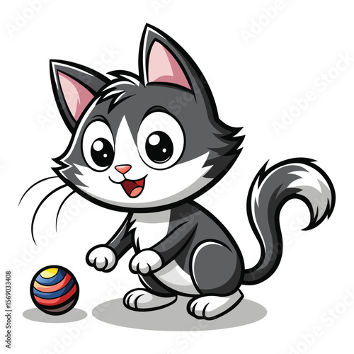  An adorable cartoon kitten with black and white fur, big eyes, and a happy expression, playfully engaging with a colorful striped ball. Isolated on a clean white background. Perfect for children's bo