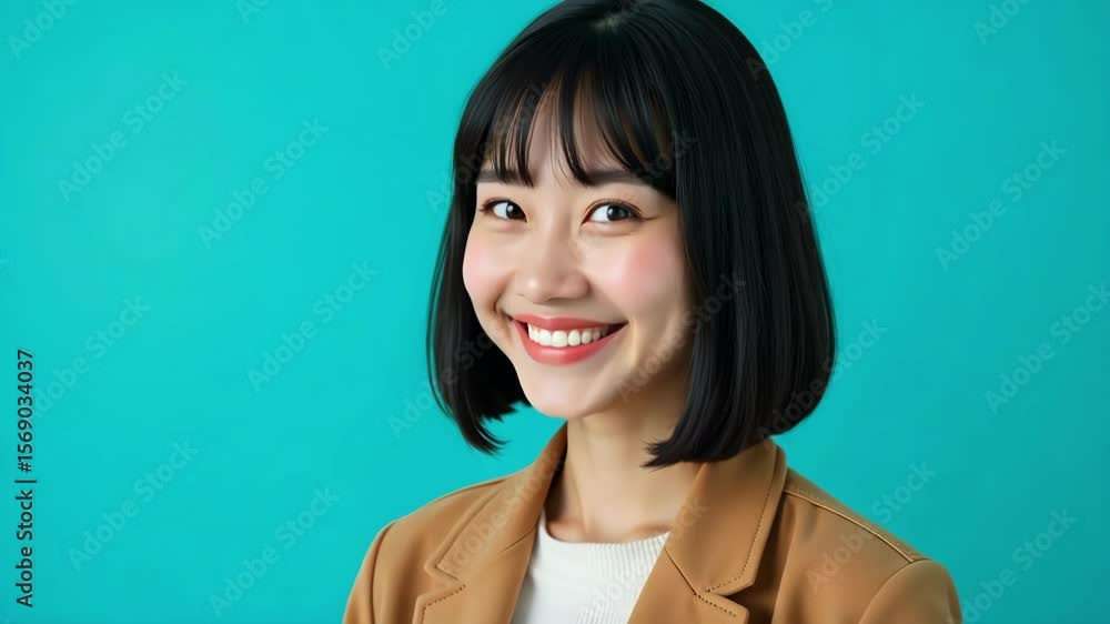 Young Asian businesswoman with bangs and a tan coat smiles gently against a bright teal background in this stunning 4k footage Young Asian businesswoman with bangs and a tan coat smiles gently against a bright teal background in this stunning 4k footage