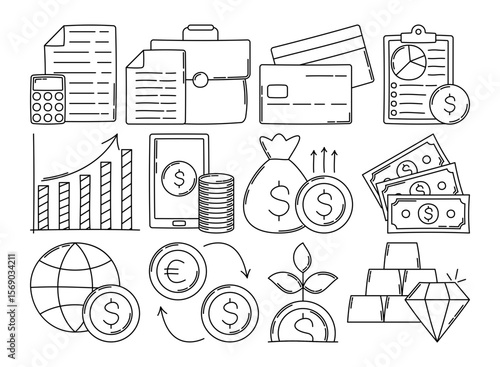 Outline doodle style global business icons with finance, money, credit, and growth elements. Perfect for infographics, reports, and web designs.