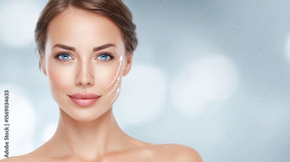 Naklejka premium Beautiful woman with smooth youthful skin following cosmetic enhancement. Visible lifting arrows illustrate the precision of rhytidectomy captured in a serene atmosphere that conveys