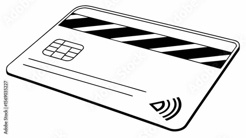 A clean black and white line art illustration of a modern credit card with a chip and contactless payment symbol isolated on a white background