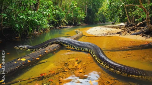 Giant snake slithers gracefully across a tranquil river in a lush tropical rainforest during the golden hour