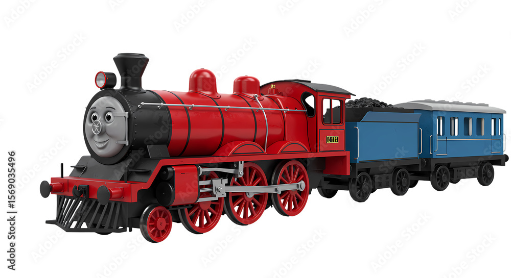 Fototapeta premium James the Red Engine and his Coaches A CloseUp View of a Classic Model Train isolated on transparent baackground