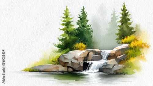 Waterfall in the woods, a serene watercolor painting of nature's beauty serene