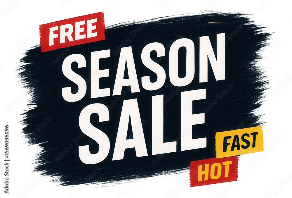 Fototapeta premium Bold brush-style sticker with FREE SEASON SALE FAST HOT offer, dynamic retail promo design on transparent background.