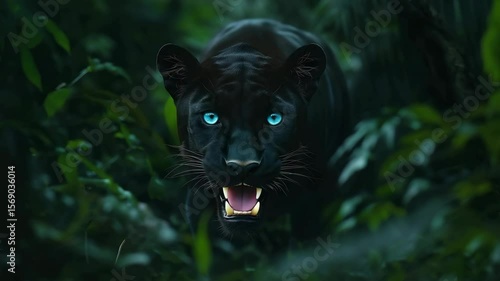 Mysterious black panther emerges from lush jungle, showcasing striking blue eyes and captivating presence in a vibrant nocturnal setting