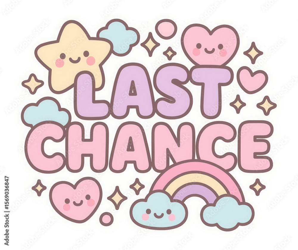 Obraz premium Pastel bubble sticker with LAST CHANCE in kawaii style, charming retail promotion on transparent background.
