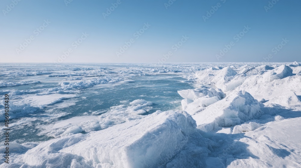 Fototapeta premium Frozen expanse: A serene landscape of ice floes under a clear winter sky