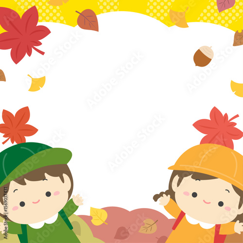 秋の紅葉と子供、遠足や行楽のイラスト