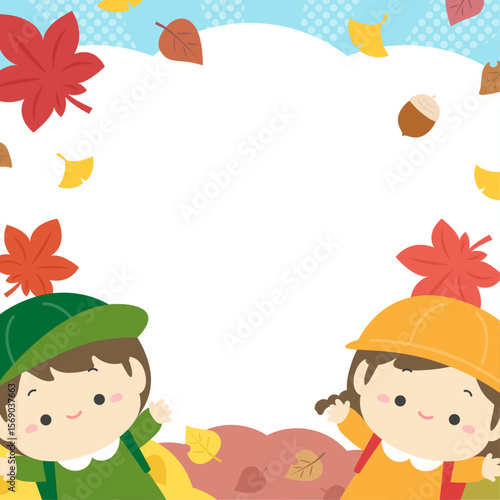 秋の紅葉と子供、遠足のイラスト、正方形