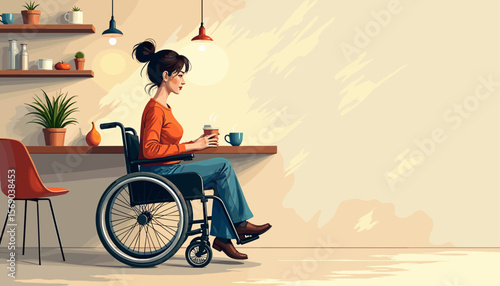 Woman in wheelchair enjoying coffee in a cozy kitchen