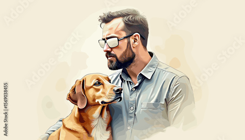Man with glasses and dog sharing a moment against a neutral background