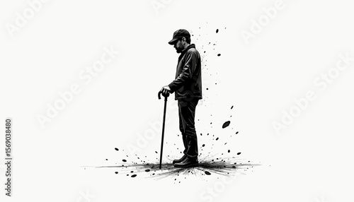Man standing with cane against a splattered background