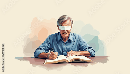 Elderly man writing in book with assistive technology at desk