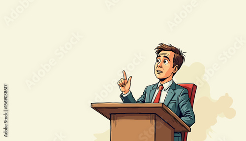 Man giving speech at podium against plain background