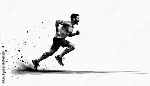 Running man with prosthetic leg in dynamic motion