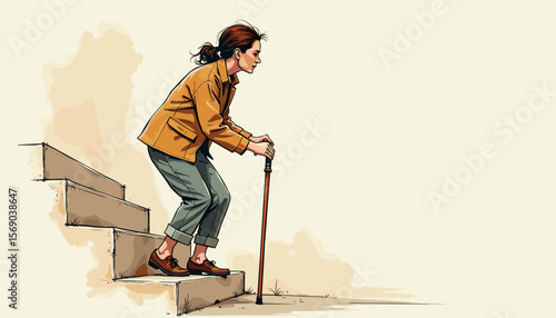 Woman using a cane while walking down stairs