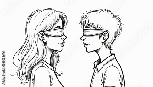 Young couple with blindfolds facing each other