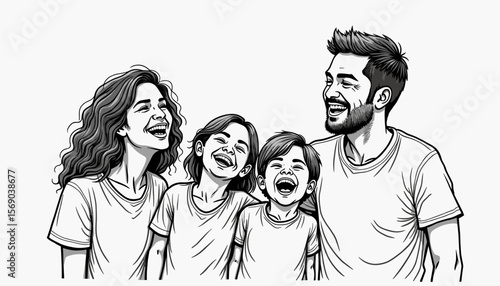Happy family smiling together in black and white illustration