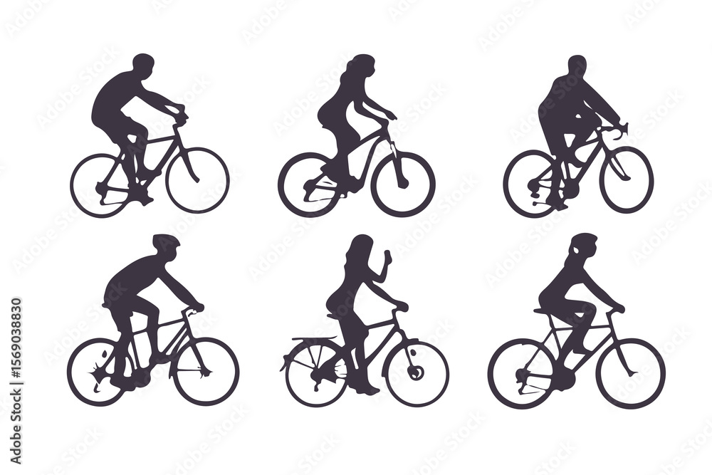 Naklejka premium Set of Cyclist Silhouettes Riding Bicycles. Vector Illustration of People Biking in Various Poses, Outdoor Activity and Transportation Icons