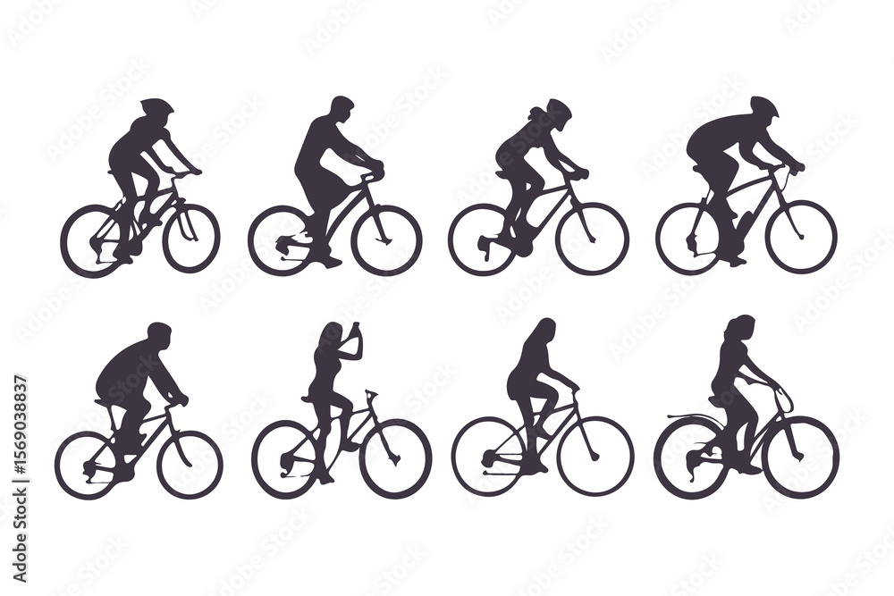 Fototapeta premium Set of Cyclist Silhouettes Riding Bicycles. Vector Illustration of People Biking in Various Poses, Outdoor Activity and Transportation Icons
