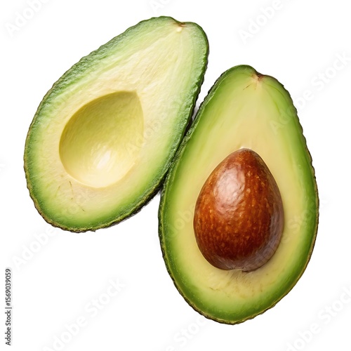 A close up view of two avocado halves one with a pit and the other without on a white background