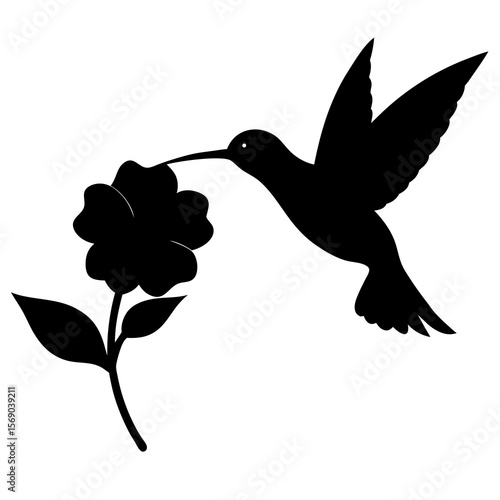 Hummingbird hovering near a flower silhouette on white background 