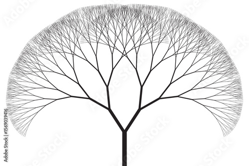 Symmetric fractal binary tree silhouette. Creative coding computational design.