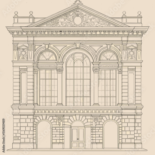 Architectural illustration of an ornate historic building facade  