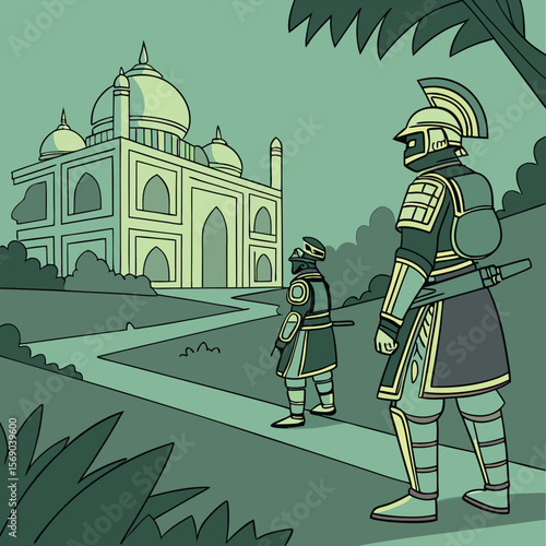 Two guards standing before a large building with domes in a stylized cartoon illustration style
