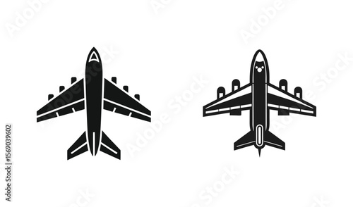 Two stylized black silhouette airplanes viewed from above against a white background