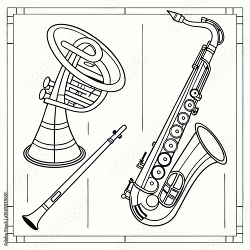 Illustration of a french horn, a clarinet and a saxophone in a decorative border frame design
